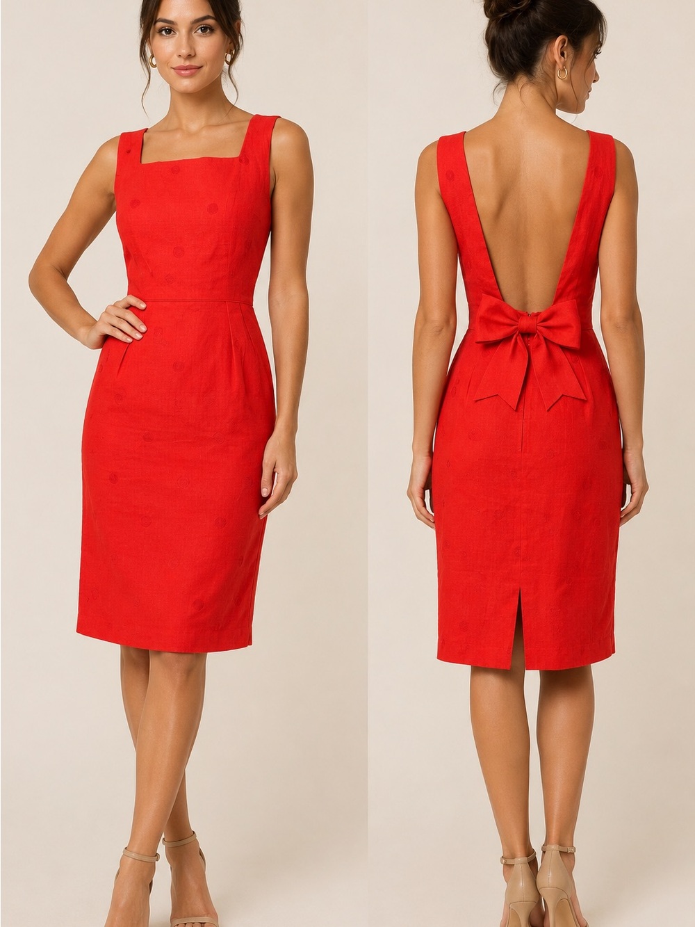 Donna Morgan Vintage Red Linen Sheath Dress Size 6 Open Back Bow Sleeveless